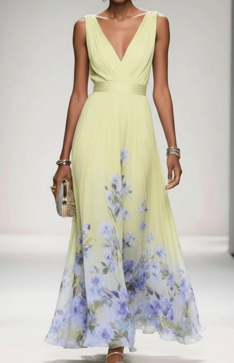 ELORIA – Elegant Floral Chiffon Maxi Dress for Women, Soft Flowing Fit