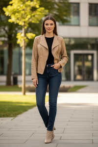 NOIRÉVA – Women’s Leather Jacket with Asymmetrical Zip and V-Collar Design