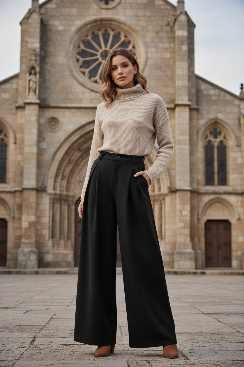 ATELÉRA – Fluid Wide Leg Pants with Deep Front Pleats & Wool-Like Texture