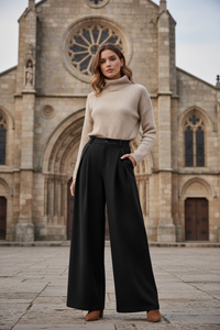 ATELÉRA – Fluid Wide Leg Pants with Deep Front Pleats & Wool-Like Texture