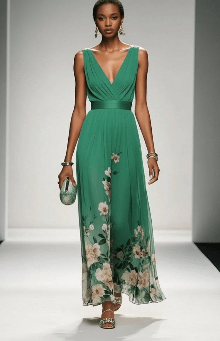 ELORIA – Elegant Floral Chiffon Maxi Dress for Women, Soft Flowing Fit