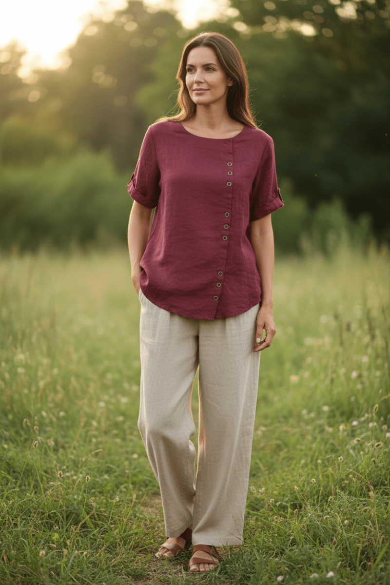 KELLYRA – Women’s Short-Sleeve Blouse with Clean Round Neck and Minimal Design