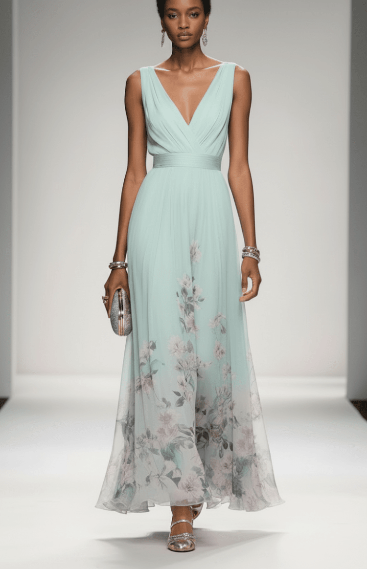 ELORIA – Elegant Floral Chiffon Maxi Dress for Women, Soft Flowing Fit