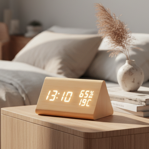 ECOCLOCK – Minimalist Digital Wooden Clock with Temperature Display & Light Control 0