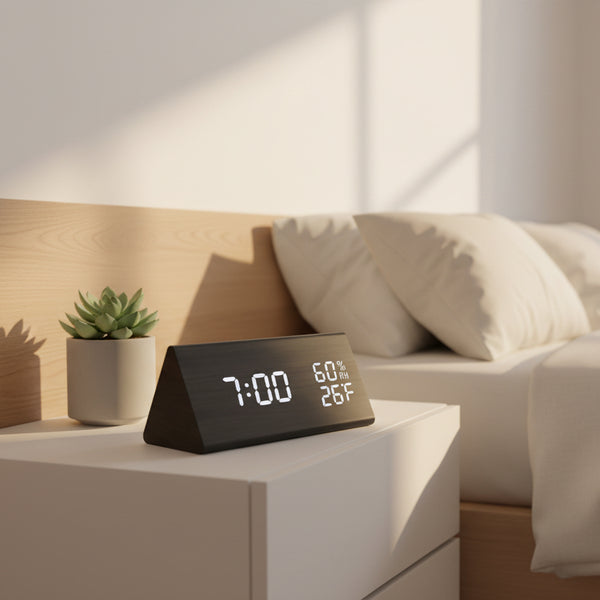 ECOCLOCK – Minimalist Digital Wooden Clock with Temperature Display & Light Control 1