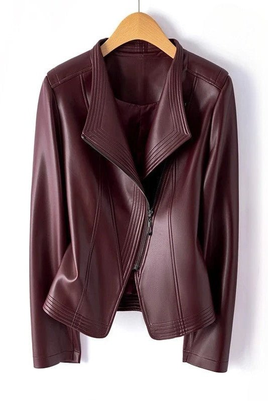 Marcella - Women's Genuine Leather Jacket with Asymmetrical Zip & V-Collar 0