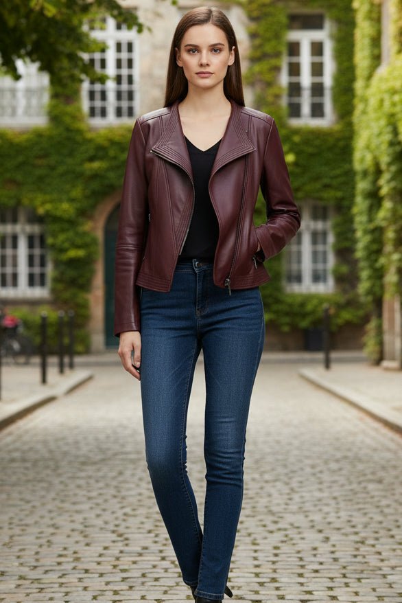 NOIRÉVA – Women’s Leather Jacket with Asymmetrical Zip and V-Collar Design