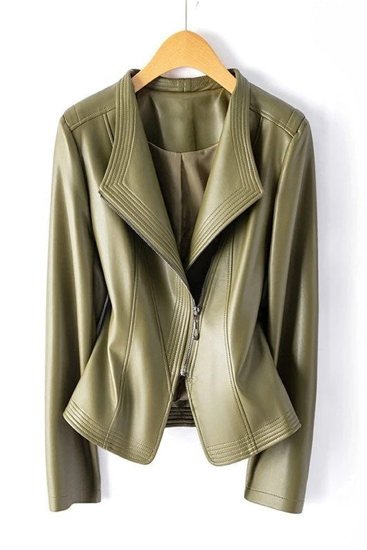 Marcella - Women's Genuine Leather Jacket with Asymmetrical Zip & V-Collar 1