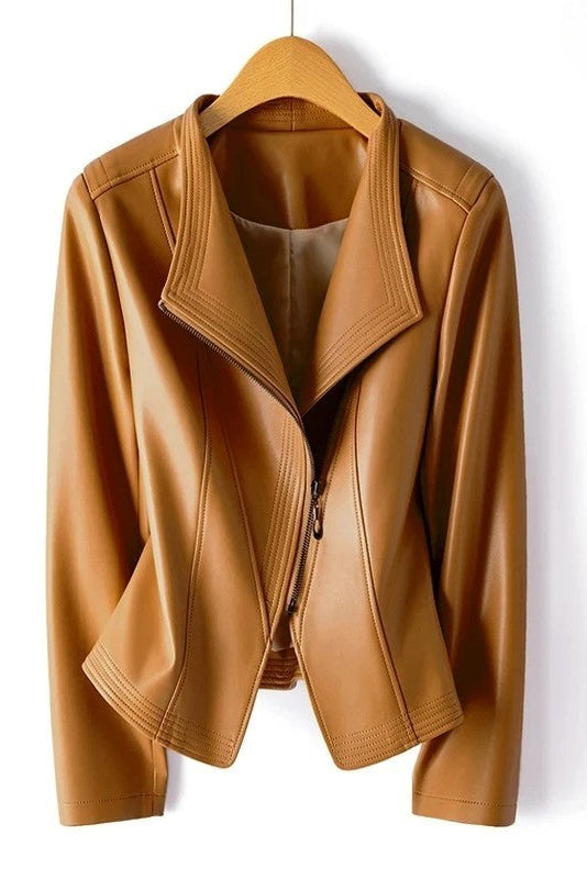 Marcella - Women's Genuine Leather Jacket with Asymmetrical Zip & V-Collar 3