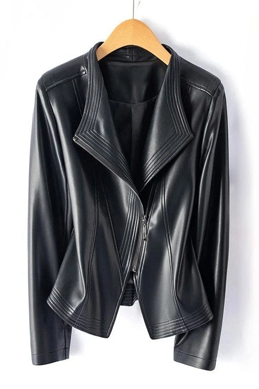 Marcella - Women's Genuine Leather Jacket with Asymmetrical Zip & V-Collar 4