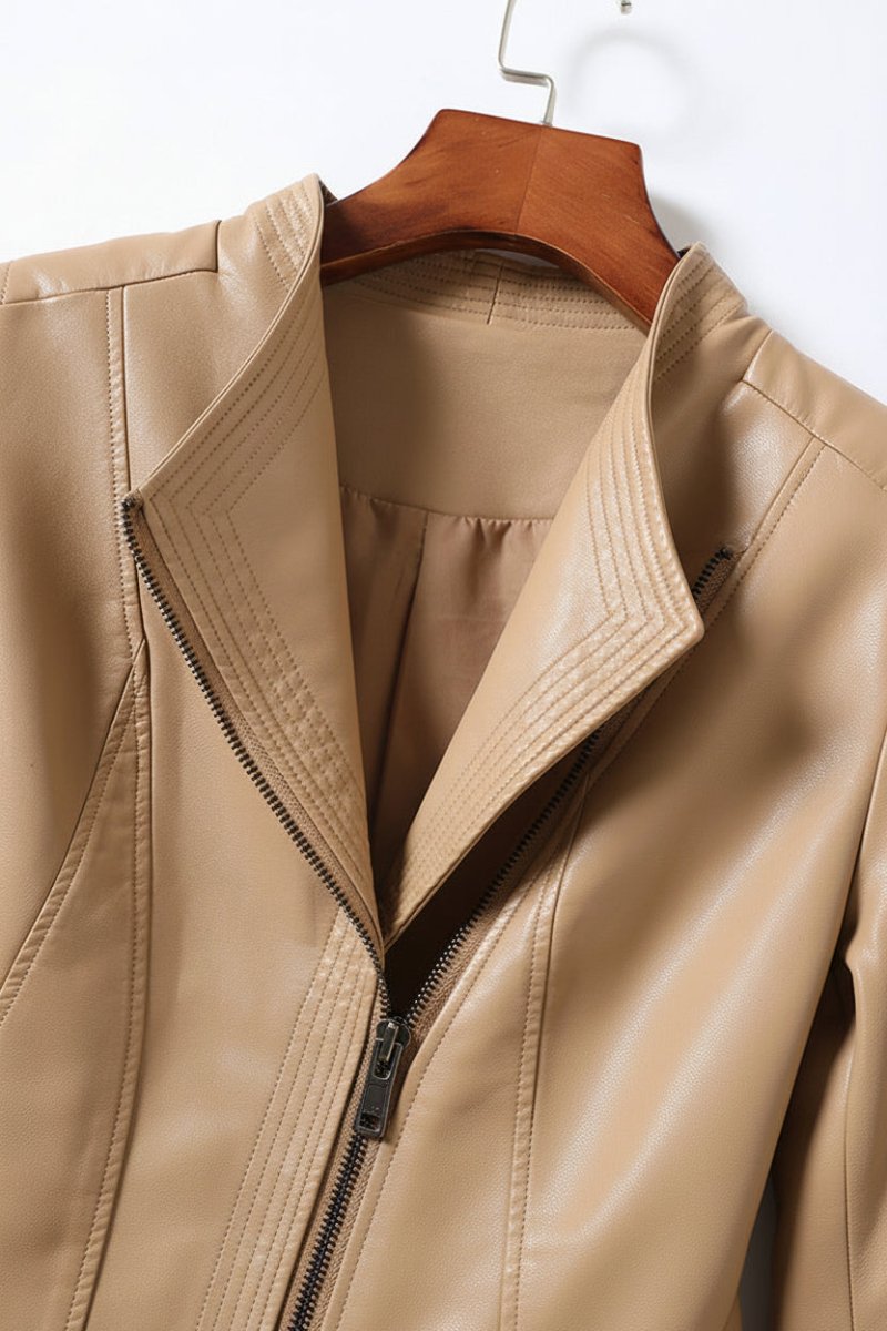 Marcella - Women's Genuine Leather Jacket with Asymmetrical Zip & V-Collar 6