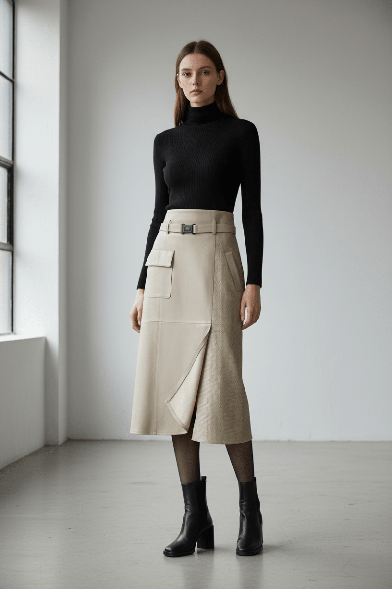 Vella - High-Waisted Sheepskin Leather Skirt with Asymmetrical Design & Pockets 0