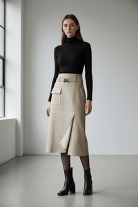 Vella - High-Waisted Sheepskin Leather Skirt with Asymmetrical Design & Pockets 0