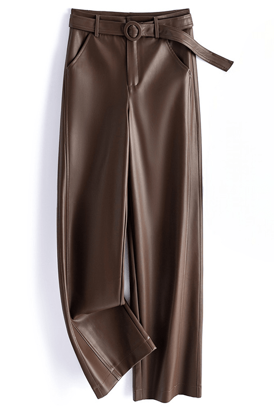 Vivian Sheepskin Leather Pants - Straight-Leg Design with Circular Buckle 2