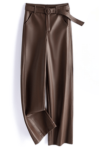 Vivian Sheepskin Leather Pants - Straight-Leg Design with Circular Buckle 2